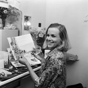 Actress Honor Blackman reads telegrams of congratulations in her dressing room Actress Honor Blackman reads telegrams of congratulations in her dressing room