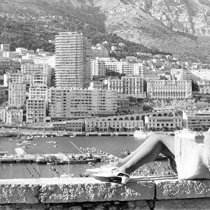 Actress Imogen Hassell in Monte Carlo April 1966 overlooking the bay and harbour