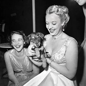 Actress Joy Nichols holding a small dog at a dinner party. July 1952 C3475-001