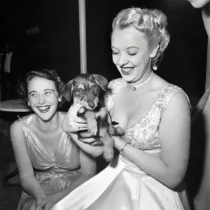 Actress Joy Nichols holding a small dog at a dinner party. July 1952 C3475-001