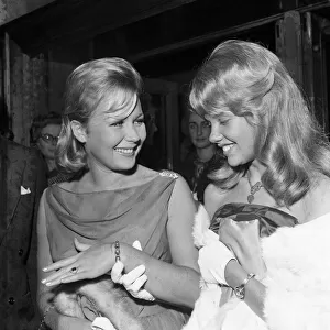 Actress Juliet Mills showing her engagement ring to sister Hayley Mills. 10th August 1961