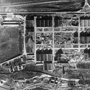 Aerial photograph showing extensive damage to the Gnome Le Rhone aero-engine works at