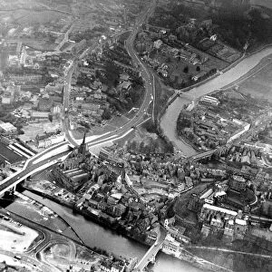 An aerial picture of the city of Durham showing the new Milborngate Bridge 20 April 1967