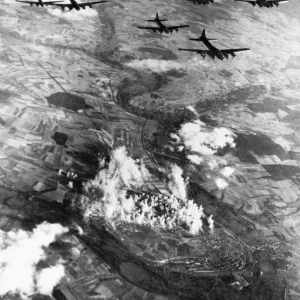 Aerial view of B17 Fortress bombers of the US 8th Air Force plastering another Nazi Aerial view of B17 Fortress bombers of the US 8th Air Force plastering another Nazi