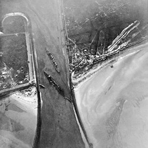 Aerial view The block ships HMS Intrepid and HMS Iphigenia in the channel of the Bruges