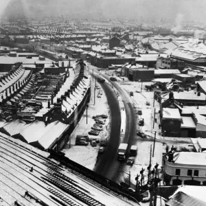 Aerial view of Cardiff in the snow taken from the top of the newGas Showroom building in Aerial view of Cardiff in the snow taken from the top of the newGas Showroom building in