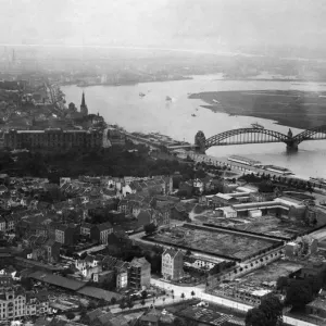 Aerial view of the city of Dusseldorf in the German state of North Rhine-Westphalia in