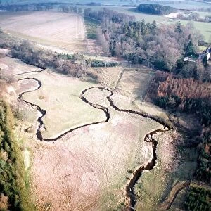 An aerial view of a very dry British countryside