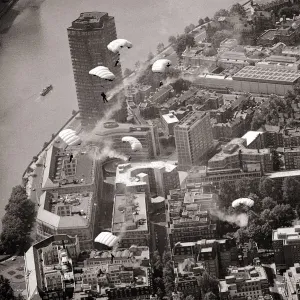 Aerial view of London July 1979. The 11 man team of RAF Falcon parachute dispaly