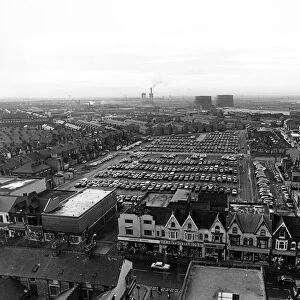 Aerial view of Middlesbrough, North Yorkshire. Five hundred cars parked in neat row
