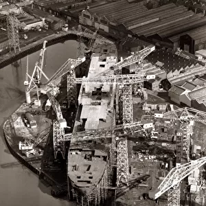 An aerial view showing the luxury liner QE2 under construction at John Browns Shipyard