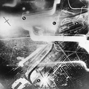 A aerial view taken during a night attack on the Westhafen docks, Berlin