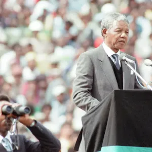 African National Congress (ANC) member Nelson Mandela adresses a rally attended by over African National Congress (ANC) member Nelson Mandela adresses a rally attended by over
