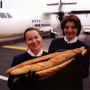 Air France stewardesses Karen Brown (left) and Sarah Asch prepare for the inaugural