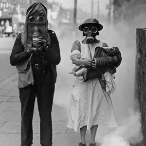 Air Raid Warden with Nurse and Baby Demonstrating Gas Helmet Print Air Raid Warden with Nurse and Baby Demonstrating Gas Helmet Print
