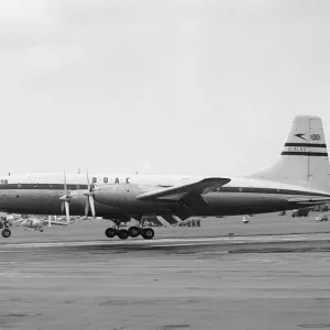 Aircraft Bristol Britannia Mk 100 comes in to land at the SBAC Farnborough Air Show 1955 Aircraft Bristol Britannia Mk 100 comes in to land at the SBAC Farnborough Air Show 1955