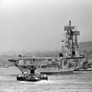 Aircraft carrier HMS Ark Royal on preliminary trials at plymouth Sound after completing a