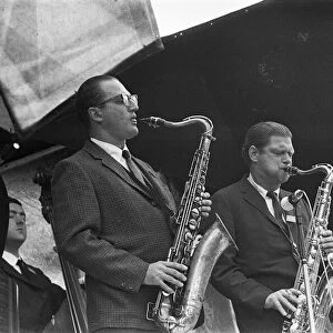 Al Cohn (left) and Zoot Sims performing on stage at the 1967 National Jazz