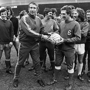 Alan Dicks Bristol City football manager with players after training session March 1976