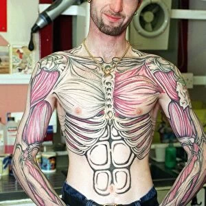 Alan Graham and his skeleton body tattoo. March 1997