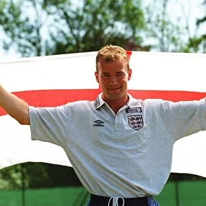 Alan Shearer England striker poses with the traditional English flag before the England v