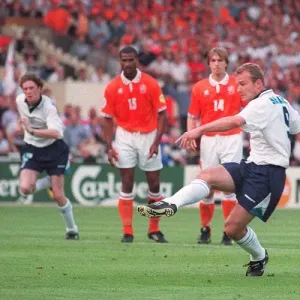 Alan Shearer scores Englands first goal during the England Holland Euro 96 match