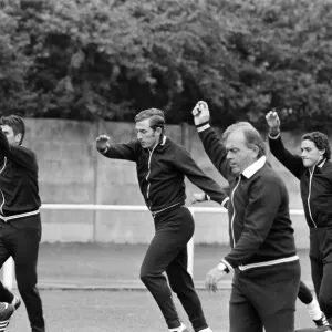 Alfredo Di Stefano shows his boys the Valencia FC how to do it as they train for their Alfredo Di Stefano shows his boys the Valencia FC how to do it as they train for their