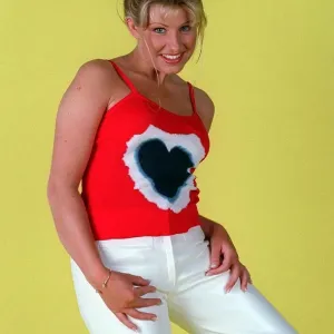 Alison Douglas TV presenter white trousers red vest black heart June 1996