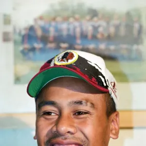 All Blacks rugby player Jonah Lomu during a press conference, while on a visit to Blaina