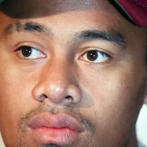 All Blacks rugby player Jonah Lomu during a press conference, while on a visit to Blaina