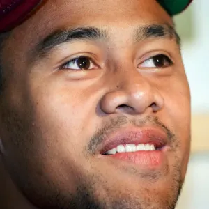 All Blacks rugby player Jonah Lomu during a press conference, while on a visit to Blaina