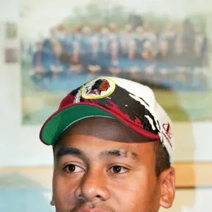All Blacks rugby player Jonah Lomu during a press conference, while on a visit to Blaina