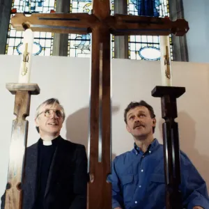 An altar cross and a pair of matching candlesticks designed by students at Cleveland An altar cross and a pair of matching candlesticks designed by students at Cleveland