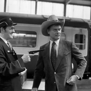 Print of Larry Hagman as J.R. Ewing at Euston station, June 1980 Print of Larry Hagman as J.R. Ewing at Euston station, June 1980
