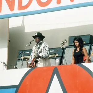 American blues musician Bo Diddley performing in concert during a Rock American blues musician Bo Diddley performing in concert during a Rock