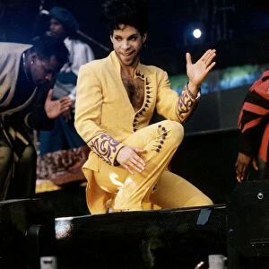 American pop singer Prince performing on stage at Celtic Park as part of the Diamonds