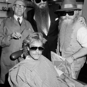 American rock group ZZ Top at a barbers, Birmingham, 16th August 1985 American rock group ZZ Top at a barbers, Birmingham, 16th August 1985