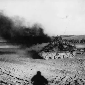 Print of a burning American tank in France, September 1944 Print of a burning American tank in France, September 1944