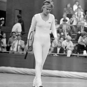 Anne White in her white skin-tight catsuit during the 1985 Wimbledon match Anne White in her white skin-tight catsuit during the 1985 Wimbledon match