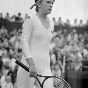 American tennis player Anne White in action wearing her white skin tight catsuit during American tennis player Anne White in action wearing her white skin tight catsuit during