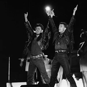 Andrew Ridgeley and George Michael of Wham 1986 pop group at farewell concert
