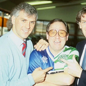 Andy Cameron wearing joint Rangers and Celtic jersey seen here with Graham Roberts