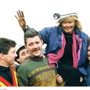 Ann Clwyd MP celebrates Tower Collierys reprieve after her underground sit in. 1994