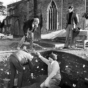 Archaeological dig at St Peters Church, Wooten Wawen. 9th December 1974