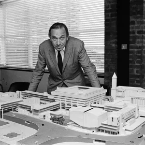 Architect John Madin with a model of the Civic Centre Development, Paradise Circus Architect John Madin with a model of the Civic Centre Development, Paradise Circus