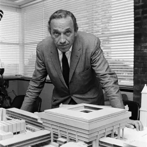 Architect John Madin with a model of the Civic Centre Development, Paradise Circus Architect John Madin with a model of the Civic Centre Development, Paradise Circus