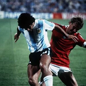 Argentina v Hungary World Cup 1982 football Maradona holds up the ball