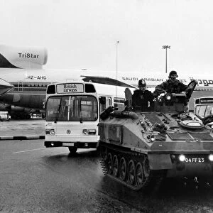 The Army and Police giving security to an Air India Jumbo at Heathrow. June 1985 P004794