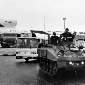 The Army and Police giving security to an Air India Jumbo at Heathrow. June 1985 P004794 The Army and Police giving security to an Air India Jumbo at Heathrow. June 1985 P004794