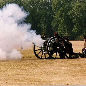 Army Regiments Royal Artilliary gun salute in Hyde Park for the Queen Mothers ninetieth